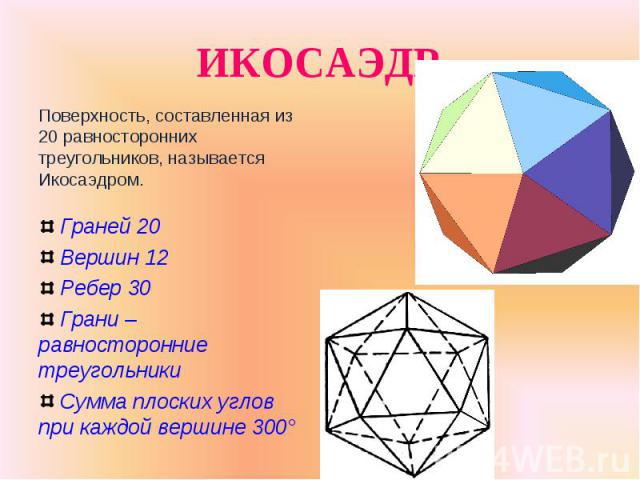 Поверхность, составленная из 20 равносторонних треугольников, называется Икосаэдром. Поверхность, составленная из 20 равносторонних треугольников, называется Икосаэдром. Граней 20 Вершин 12 Ребер 30 Грани – равносторонние треугольники Сумма плоских …