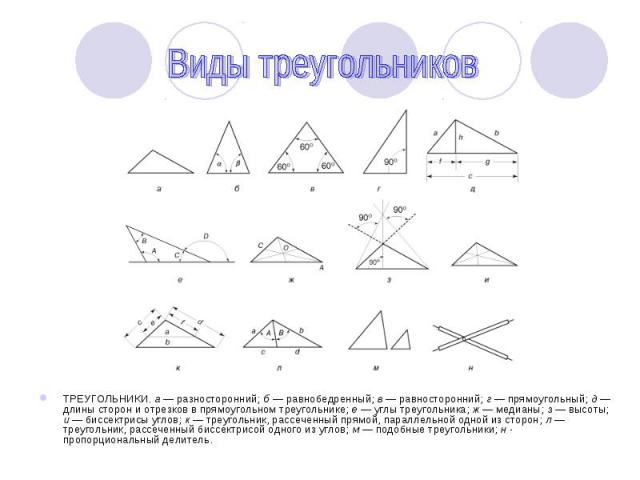 ТРЕУГОЛЬНИКИ. а — разносторонний; б — равнобедренный; в — равносторонний; г — прямоугольный; д — длины сторон и отрезков в прямоугольном треугольнике; е — углы треугольника; ж — медианы; з — высоты; и&nbs…