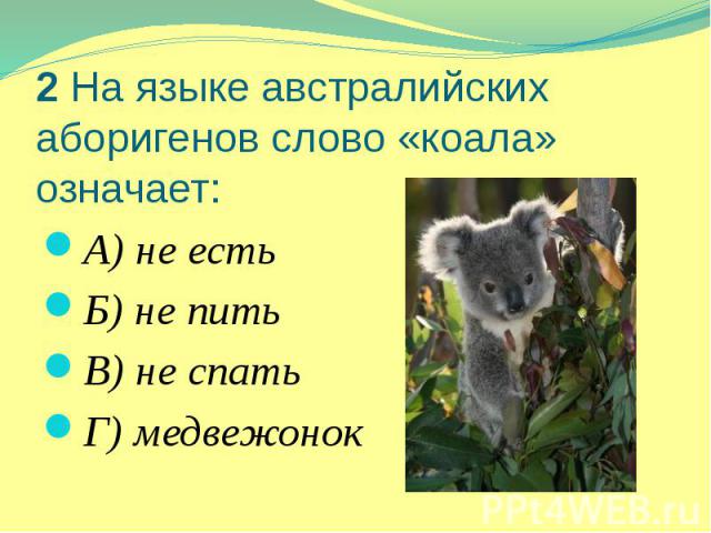 2 На языке австралийских аборигенов слово «коала» означает: А) не есть Б) не пить В) не спать Г) медвежонок
