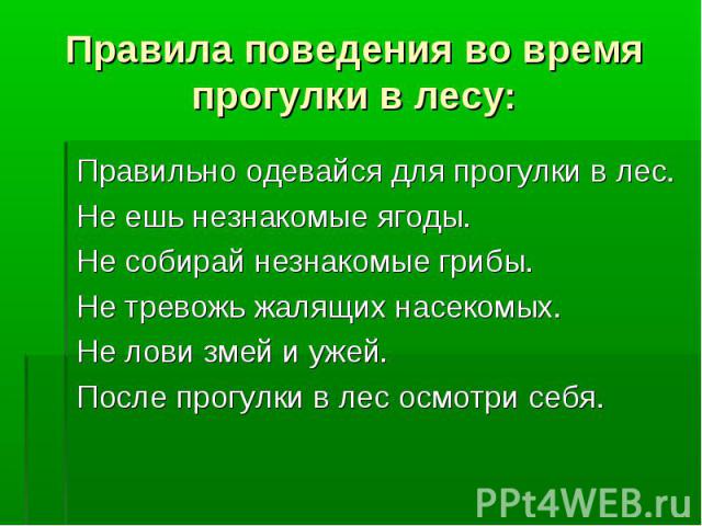 Правильно одевайся для прогулки в лес. Правильно одевайся для прогулки в лес. Не ешь незнакомые ягоды. Не собирай незнакомые грибы. Не тревожь жалящих насекомых. Не лови змей и ужей. После прогулки в лес осмотри себя.