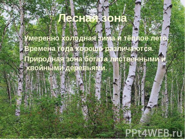 Умеренно холодная зима и тёплое лето. Умеренно холодная зима и тёплое лето. Времена года хорошо различаются. Природная зона богата лиственными и хвойными деревьями.