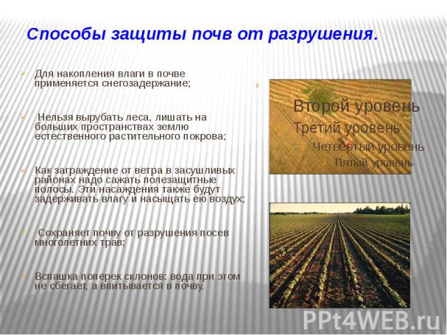 Способы защиты почв от разрушения. Для накопления влаги в почве применяется снегозадержание; Нельзя вырубать леса, лишать на больших пространствах землю естественного растительного покрова; Как заграждение от ветра в засушливых районах надо сажать п…