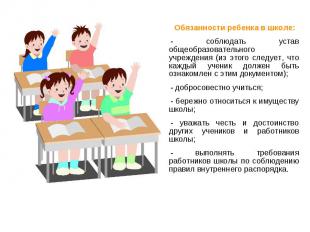 Обязанности ребенка в школе: Обязанности ребенка в школе: - соблюдать устав обще