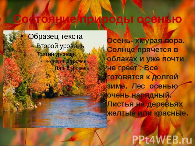 Состояние природы осенью Осень- хмурая пора. Солнце прячется в облаках и уже почти не греет . Все готовятся к долгой зиме. Лес осенью очень нарядный. Листья на деревьях желтые или красные.