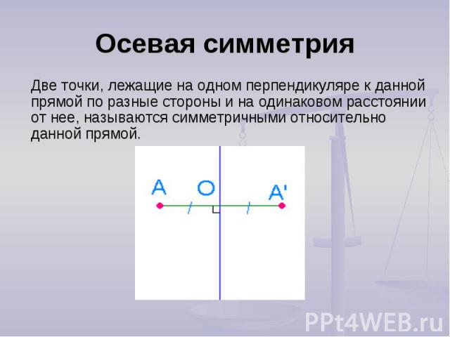 Две точки, лежащие на одном перпендикуляре к данной прямой по разные стороны и на одинаковом расстоянии от нее, называются симметричными относительно данной прямой. Две точки, лежащие на одном перпендикуляре к данной прямой по разные стороны и на од…
