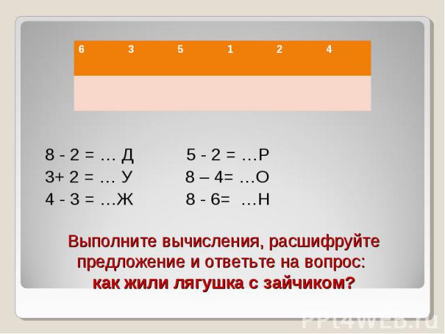 8 - 2 = … Д 5 - 2 = …Р 3+ 2 = … У 8 – 4= …О 4 - 3 = …Ж 8 - 6= …Н