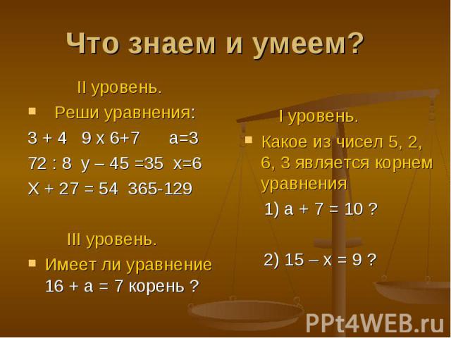 II уровень. II уровень. Реши уравнения: 3 + 4 9 х 6+7 а=3 72 : 8 у – 45 =35 х=6 Х + 27 = 54 365-129 III уровень. Имеет ли уравнение 16 + а = 7 корень ?