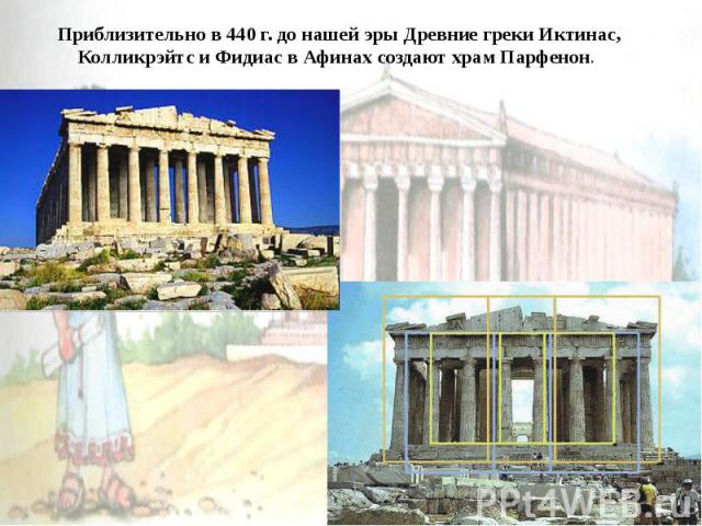 Приблизительно в 440 г. до нашей эры Древние греки Иктинас, Колликрэйтс и Фидиас в Афинах создают храм Парфенон.