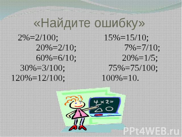 «Найдите ошибку» 2%=2/100; 15%=15/10; 20%=2/10; 7%=7/10; 60%=6/10; 20%=1/5; 30%=3/100; 75%=75/100; 120%=12/100; 100%=10.