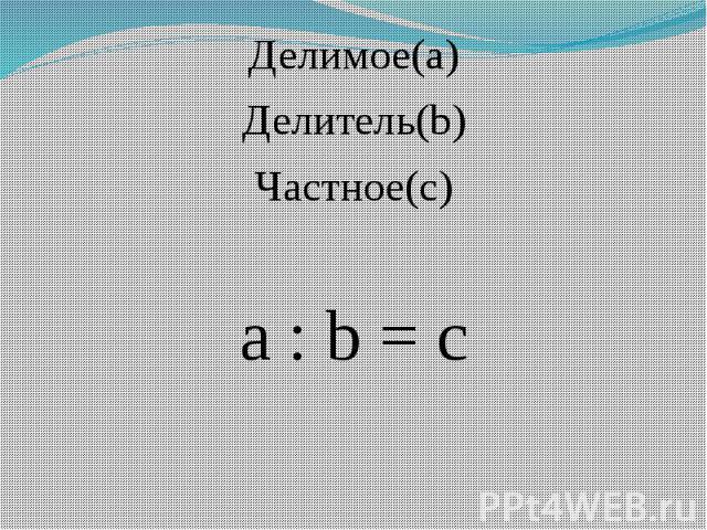 Делимое(a) Делимое(a) Делитель(b) Частное(c) a : b = c