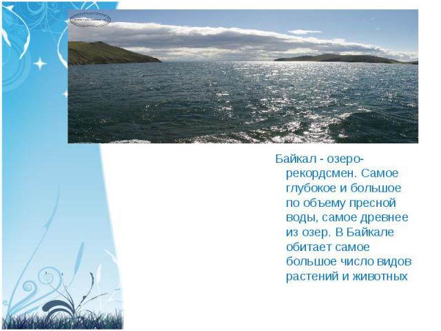 Байкал - озеро-рекордсмен. Самое глубокое и большое по объему пресной воды, самое древнее из озер. В Байкале обитает самое большое число видов растений и животных Байкал - озеро-рекордсмен. Самое глубокое и большое по объему пресной воды, самое древ…