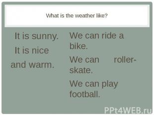 What is the weather like? It is sunny. It is nice and warm.
