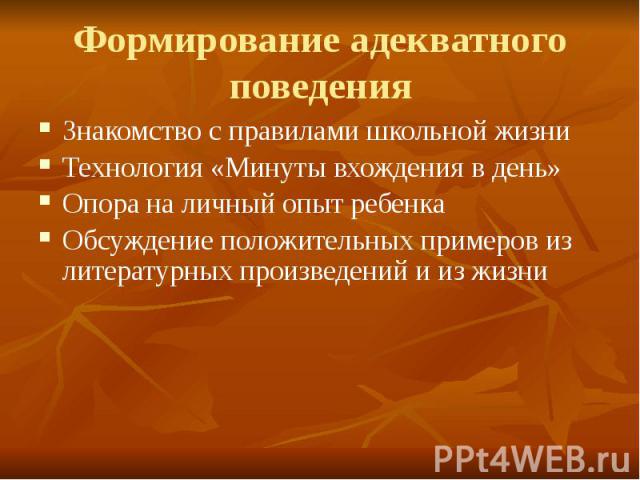 Формирование адекватного поведения Знакомство с правилами школьной жизни Технология «Минуты вхождения в день» Опора на личный опыт ребенка Обсуждение положительных примеров из литературных произведений и из жизни