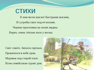 стихи К нам весна шагает быстрыми шагами, И сугробы тают под её ногами. Черные п