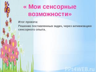 « Мои сенсорные возможности» Итог проекта: Решение поставленных задач, через акт