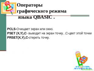 Операторы графического режима языка QBASIC . PCLS-Очищает экран или окно. PSET (