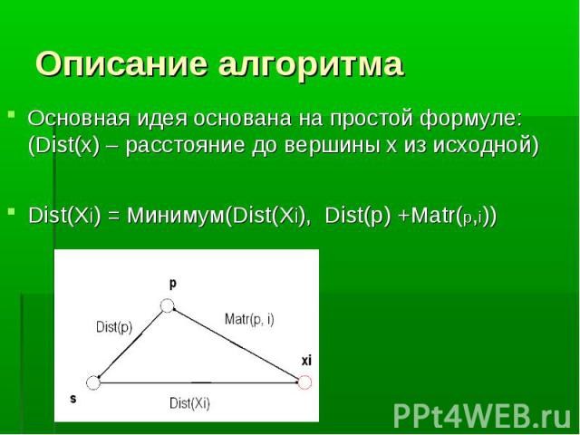 Основная идея основана на простой формуле: (Dist(x) – расстояние до вершины x из исходной) Основная идея основана на простой формуле: (Dist(x) – расстояние до вершины x из исходной) Dist(Xi) = Минимум(Dist(Xi), Dist(p) +Matr(p,i))