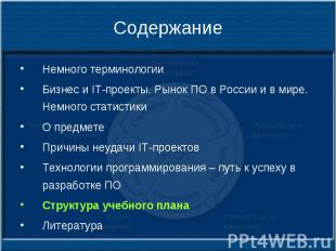 Содержание Немного терминологии Бизнес и IT-проекты. Рынок ПО в России и в мире.