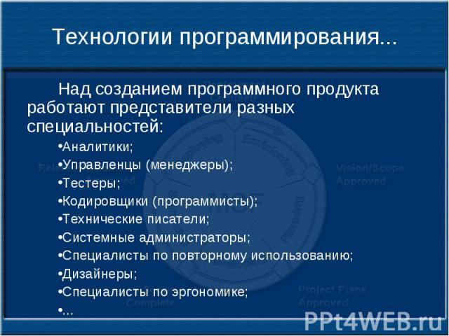 Технологии программирования... Над созданием программного продукта работают представители разных специальностей: Аналитики; Управленцы (менеджеры); Тестеры; Кодировщики (программисты); Технические писатели; Системные администраторы; Специалисты по п…