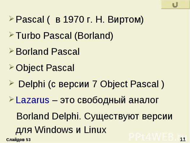 Pascal ( в 1970 г. Н. Виртом) Pascal ( в 1970 г. Н. Виртом) Turbo Pascal (Borland) Borland Pascal Object Pascal Delphi (с версии 7 Object Pascal ) Lazarus – это свободный аналог Borland Delphi. Существуют версии для Windows и Linux