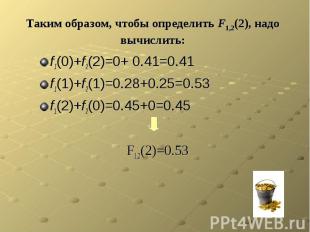 Таким образом, чтобы определить F1,2(2), надо вычислить: f1(0)+f2(2)=0+ 0.41=0.4