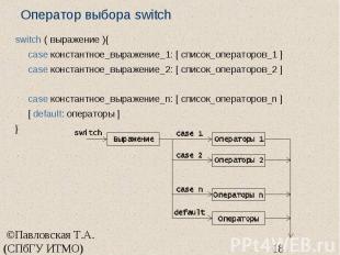 Оператор выбора switch switch ( выражение ){ case константное_выражение_1: [ спи