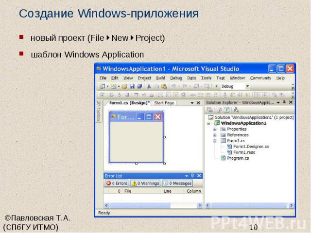 Создание Windows-приложения новый проект (File New Project) шаблон Windows Application