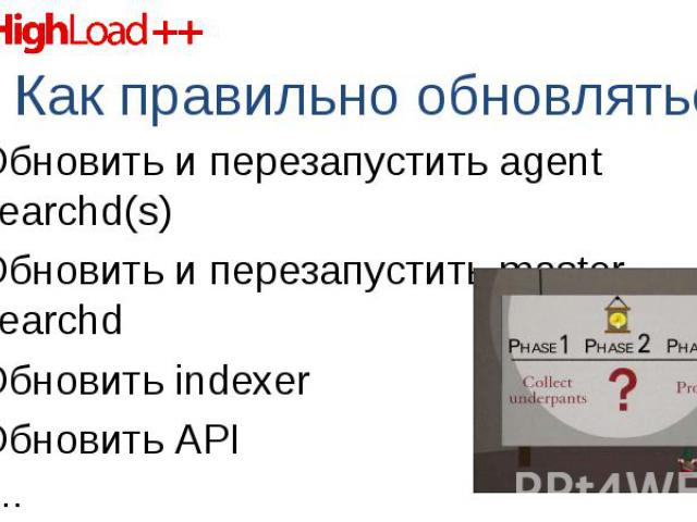 Обновить и перезапустить agent searchd(s) Обновить и перезапустить agent searchd(s) Обновить и перезапустить master searchd Обновить indexer Обновить API … PROFIT!!!