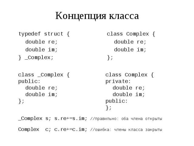 Концепция класса class Complex { double re; double im; };
