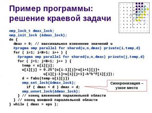 Пример программы: решение краевой задачи omp_lock_t dmax_lock; omp_init_lock (&a