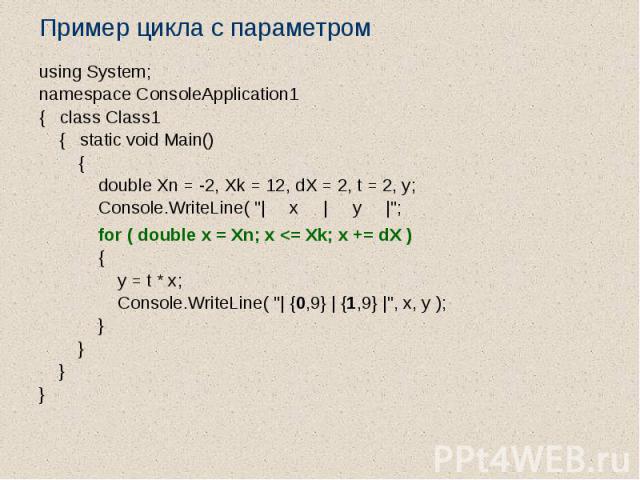 Пример цикла с параметром using System; namespace ConsoleApplication1 { class Class1 { static void Main() { double Xn = -2, Xk = 12, dX = 2, t = 2, y; Console.WriteLine( "| x | y |"; for ( double x = Xn; x <= Xk; x += dX ) { y = t * x; …