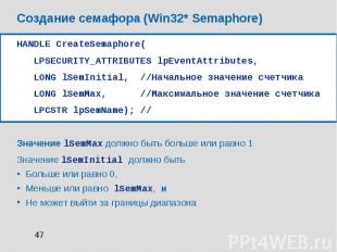 Создание семафора (Win32* Semaphore) HANDLE CreateSemaphore( LPSECURITY_ATTRIBUT