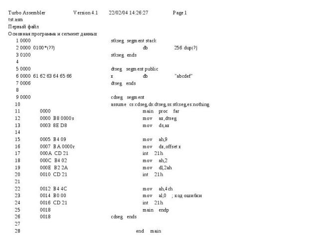 Turbo Assembler Version 4.1 22/02/04 14:26:27 Page 1 Turbo Assembler Version 4.1 22/02/04 14:26:27 Page 1 tst.asm Первый файл Основная программа и сегмент данных 1 0000 stkseg segment stack 2 0000 0100*(??) db 256 dup(?) 3 0100 stkseg ends 4 5 0000 …