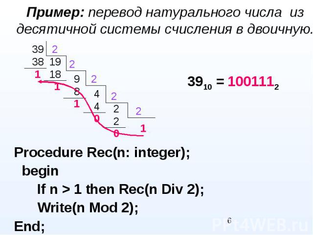 Пример: перевод натурального числа из десятичной системы счисления в двоичную.