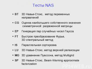 Тесты NAS BT 3D Навье-Стокс, метод переменных направлений CG Оценка наибольшего