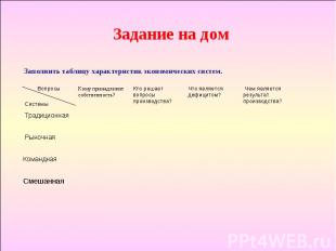 Задание на дом Заполнить таблицу характеристик экономических систем.