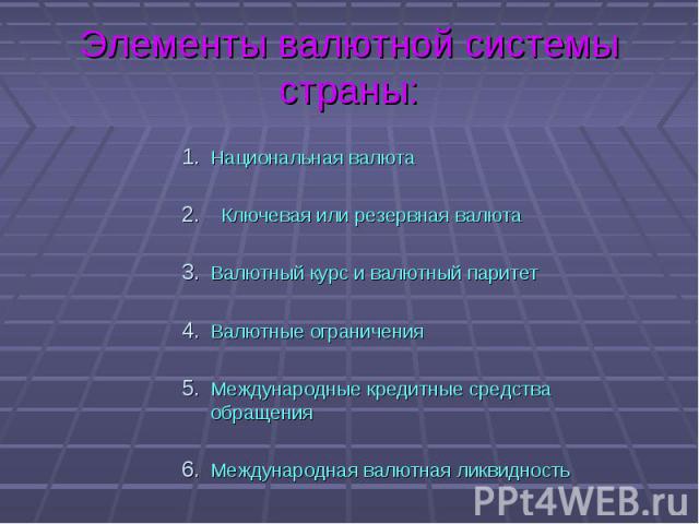 Национальная валюта Национальная валюта Ключевая или резервная валюта Валютный курс и валютный паритет Валютные ограничения Международные кредитные средства обращения Международная валютная ликвидность