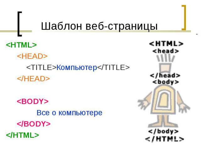 <HTML> <HTML> <HEAD> <ТITLЕ>Компьютер</ТITLЕ> </HEAD> <BODY> Все о компьютере </BODY> </HTML>