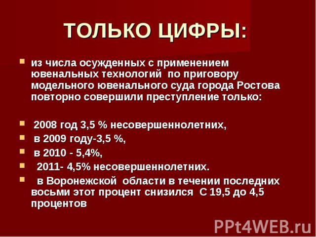 ТОЛЬКО ЦИФРЫ: из числа осужденных с применением ювенальных технологий по приговору модельного ювенального суда города Ростова повторно совершили преступление только: 2008 год 3,5 % несовершеннолетних, в 2009 году-3,5 %, в 2010 - 5,4%, 2011- 4,5% нес…