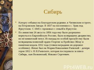 Сибирь Каторгу отбывал на Благодатском руднике, в Читинском остроге, на Петровск