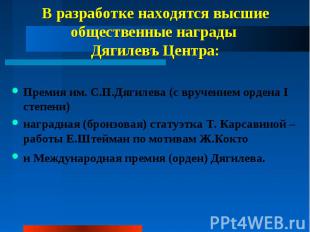 В разработке находятся высшие общественные награды Дягилевъ Центра: Премия им. С