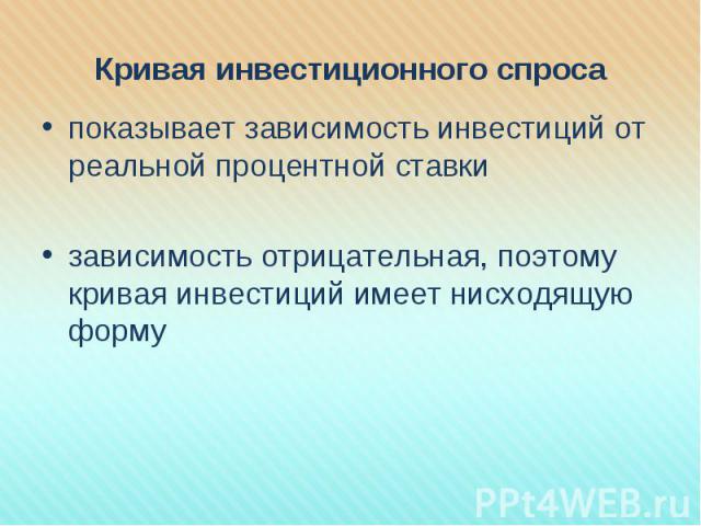 показывает зависимость инвестиций от реальной процентной ставки показывает зависимость инвестиций от реальной процентной ставки зависимость отрицательная, поэтому кривая инвестиций имеет нисходящую форму