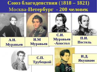 Союз благоденствия (1818 – 1821) Москва-Петербург - 200 человек А.Н. Муравьев