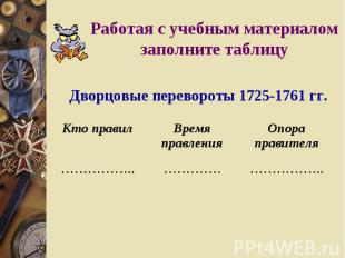 Дворцовые перевороты 1725-1761 гг. Дворцовые перевороты 1725-1761 гг.
