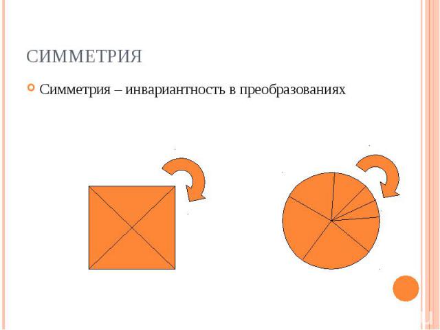 Симметрия – инвариантность в преобразованиях Симметрия – инвариантность в преобразованиях