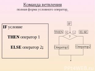 IF условие THEN оператор 1 ELSE оператор 2; IF условие THEN оператор 1 ELSE опер