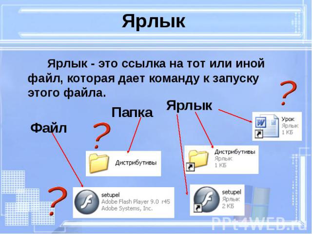 Ярлык - это ссылка на тот или иной файл, которая дает команду к запуску этого файла. Ярлык - это ссылка на тот или иной файл, которая дает команду к запуску этого файла.