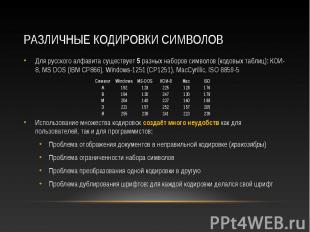 Для русского алфавита существует 5 разных наборов символов (кодовых таблиц): КОИ