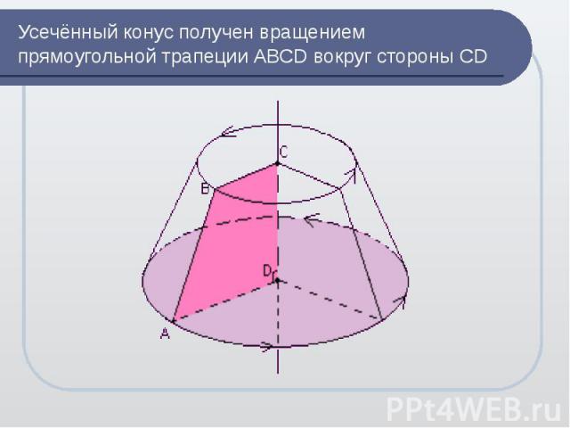 Усечённый конус получен вращением прямоугольной трапеции АВСD вокруг стороны CD