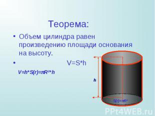 Объем цилиндра равен произведению площади основания на высоту. Объем цилиндра ра